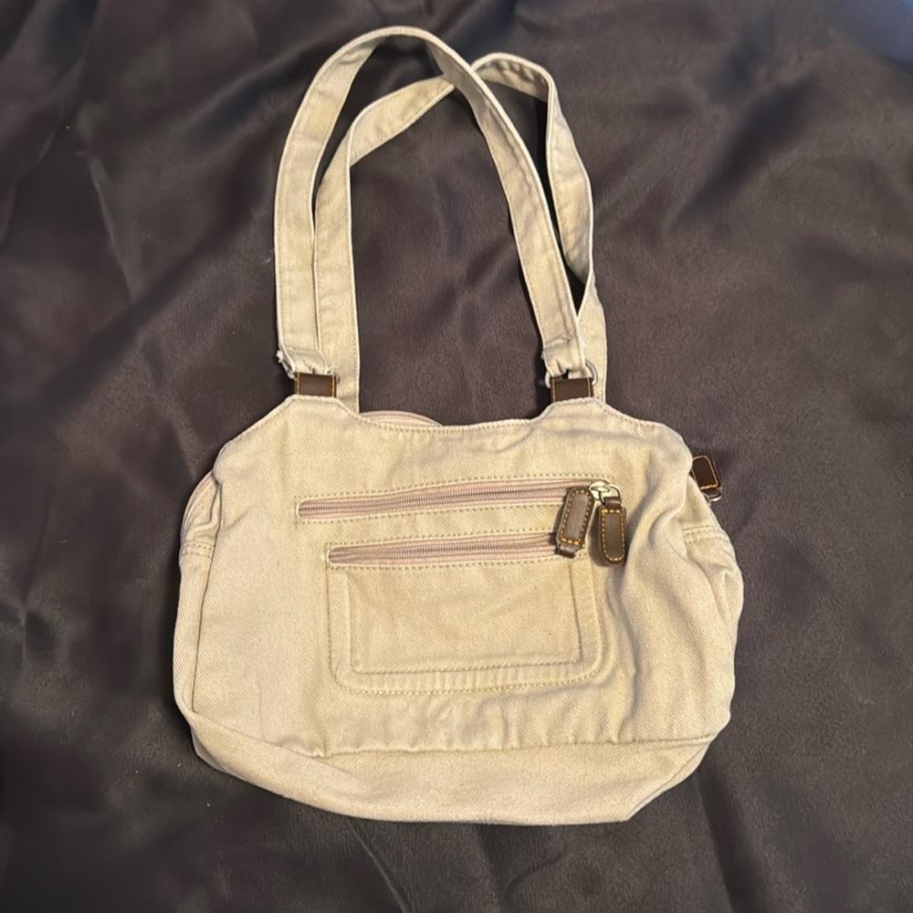 Tan Canvas 3-Compartment Shoulder Bag